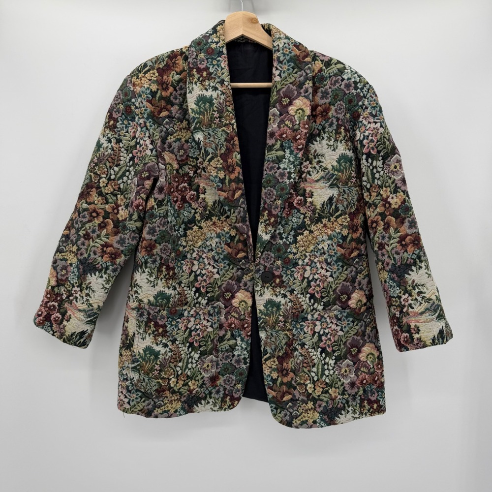 Vintage Floral Tapestry Blazer Shawl Collar Woven Jacket Multi-Color Lined